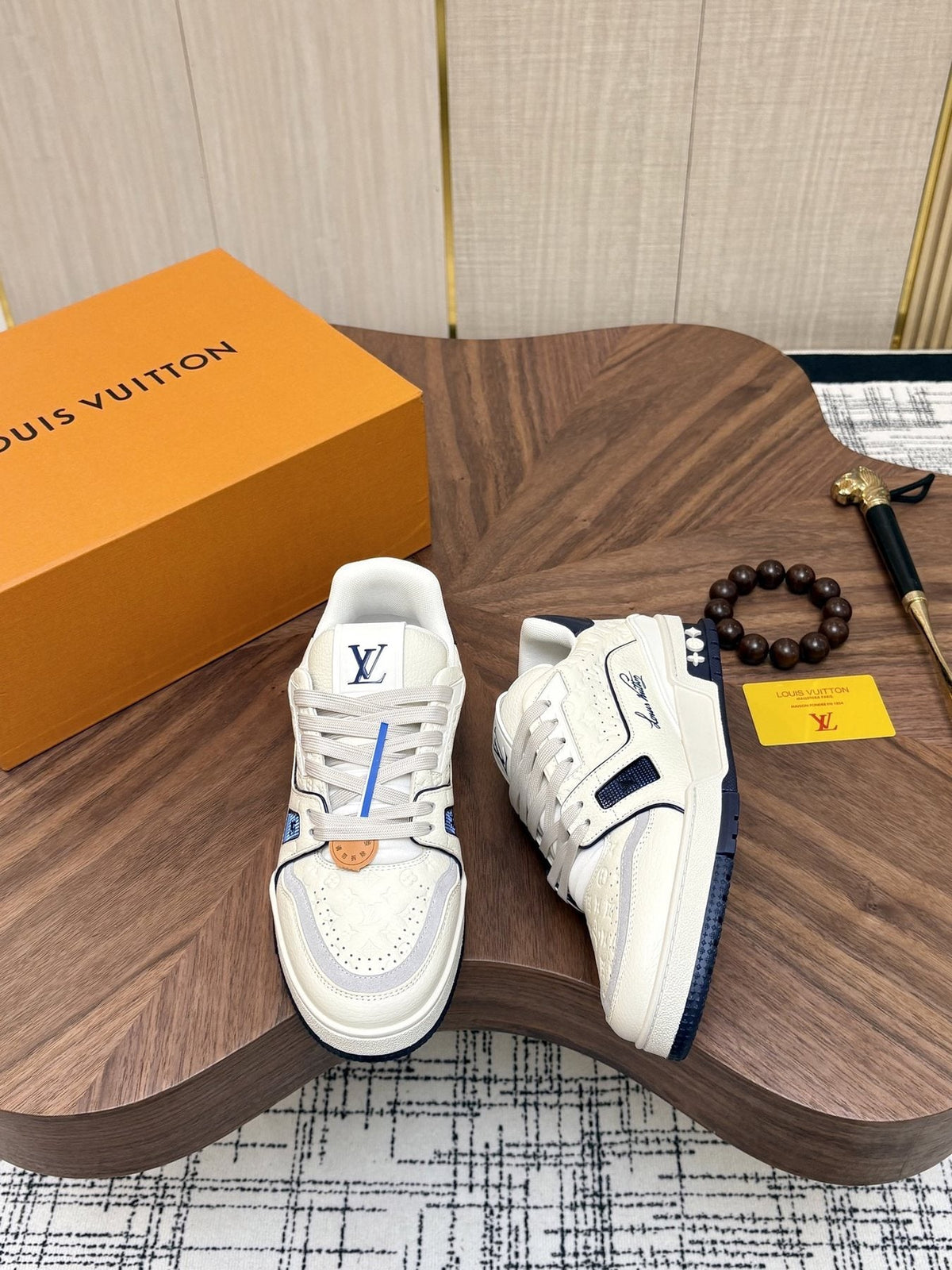 Louis Vuitton White & Navy Low-Top Sneakers — front