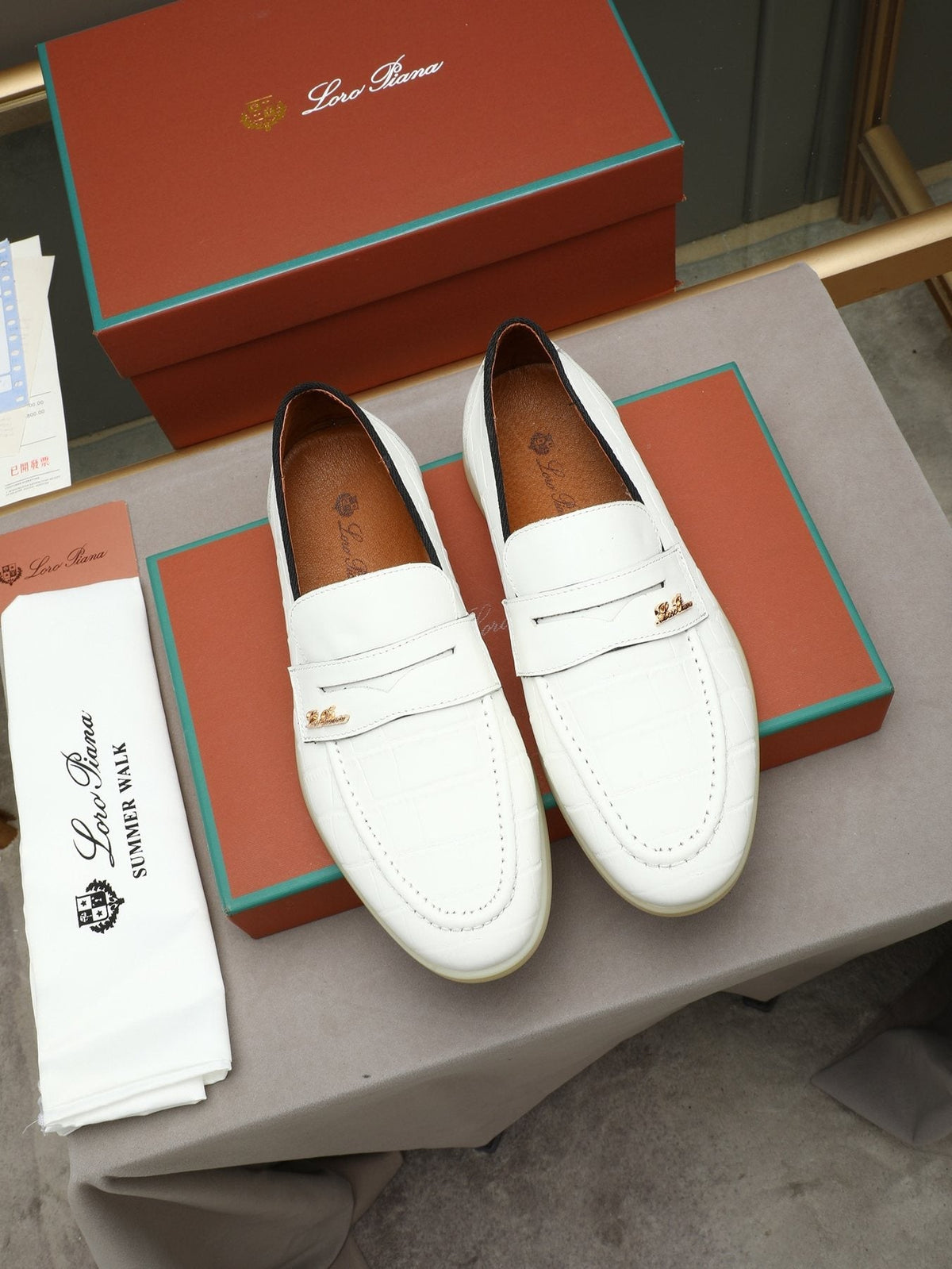 Loro Piana White Textured Loafers — front