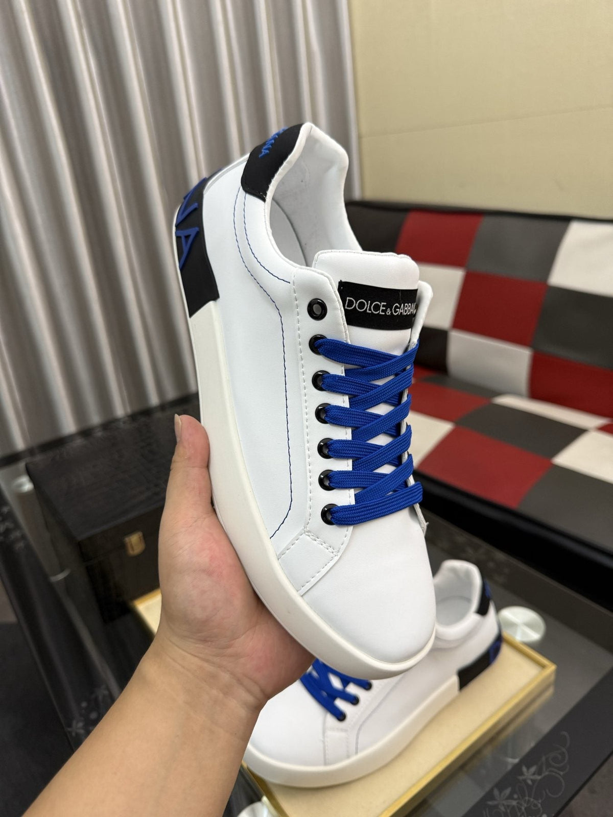 Dolce & Gabbana White Low-Top Sneakers with Blue Laces — model