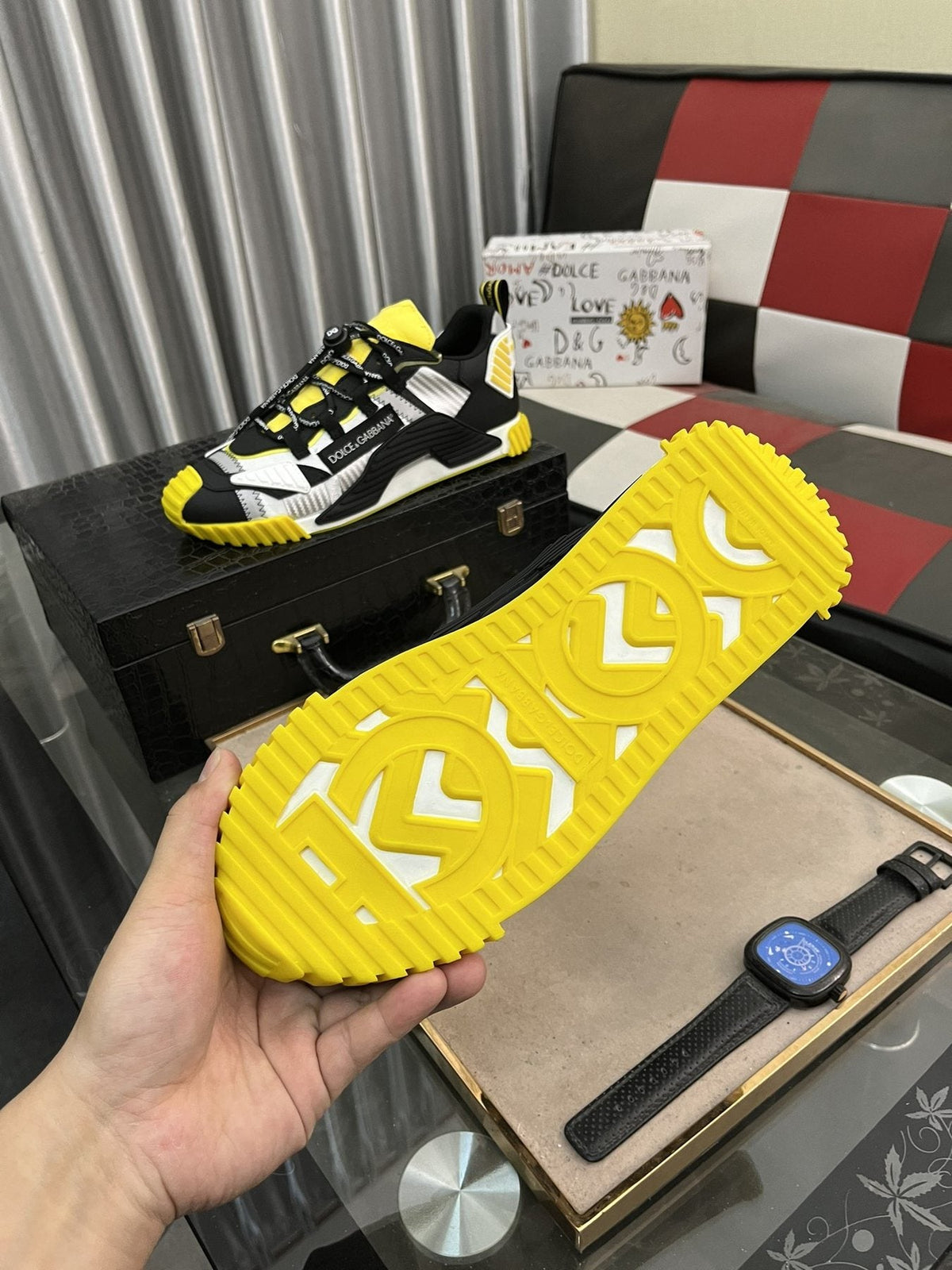 Dolce & Gabbana Black, White & Yellow Chunky Sneakers — detail