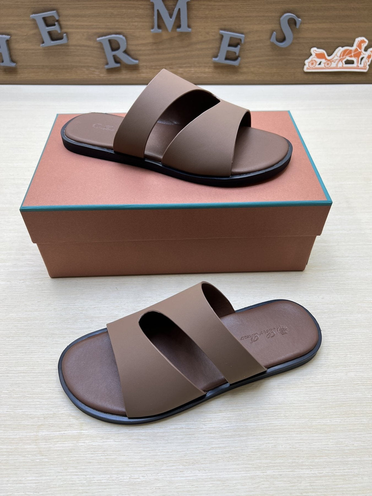 Loro Piana Taupe Brown Crossover Slide Sandals — side
