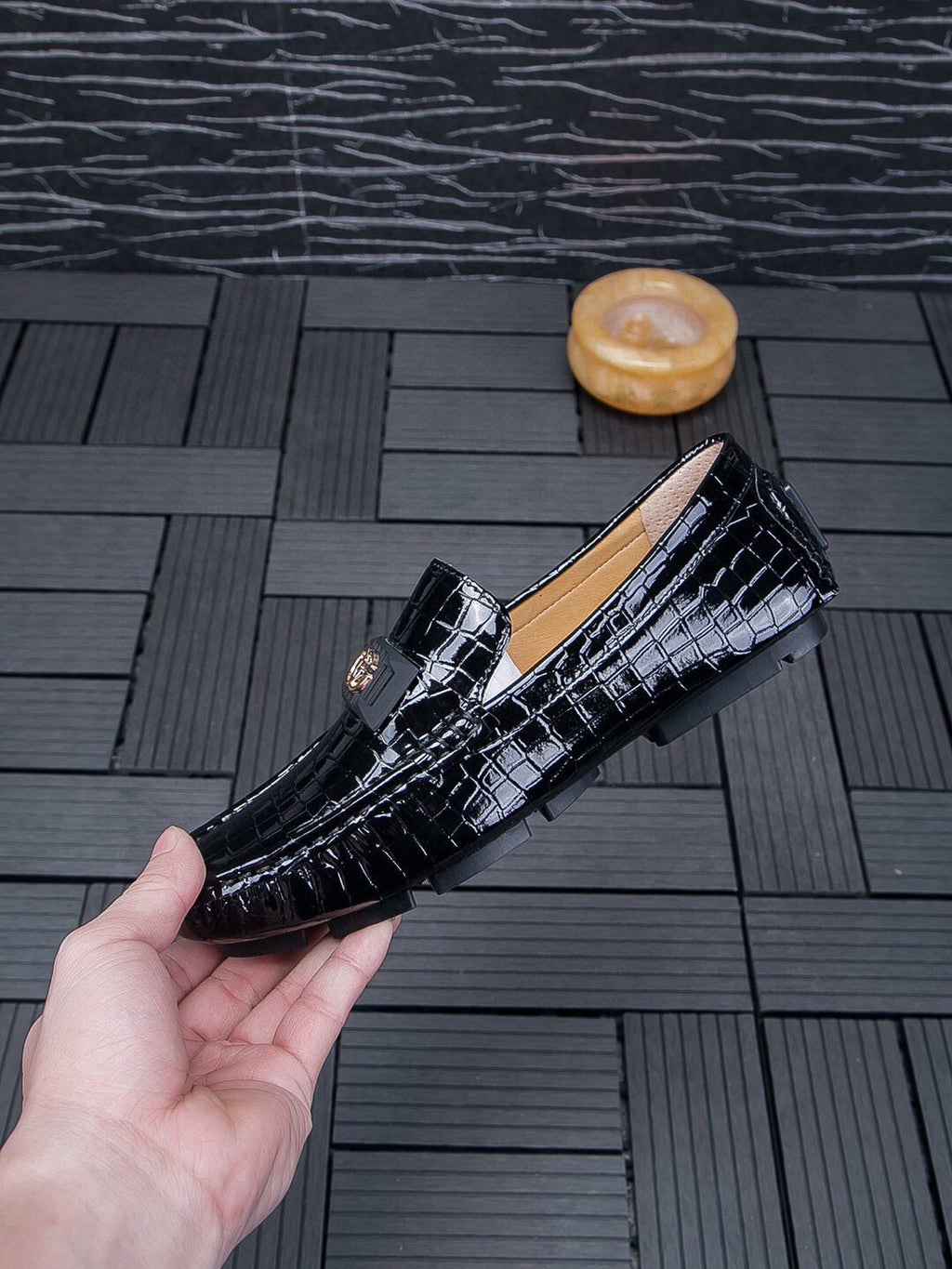 Gucci Black Crocodile-Pattern Loafers — side