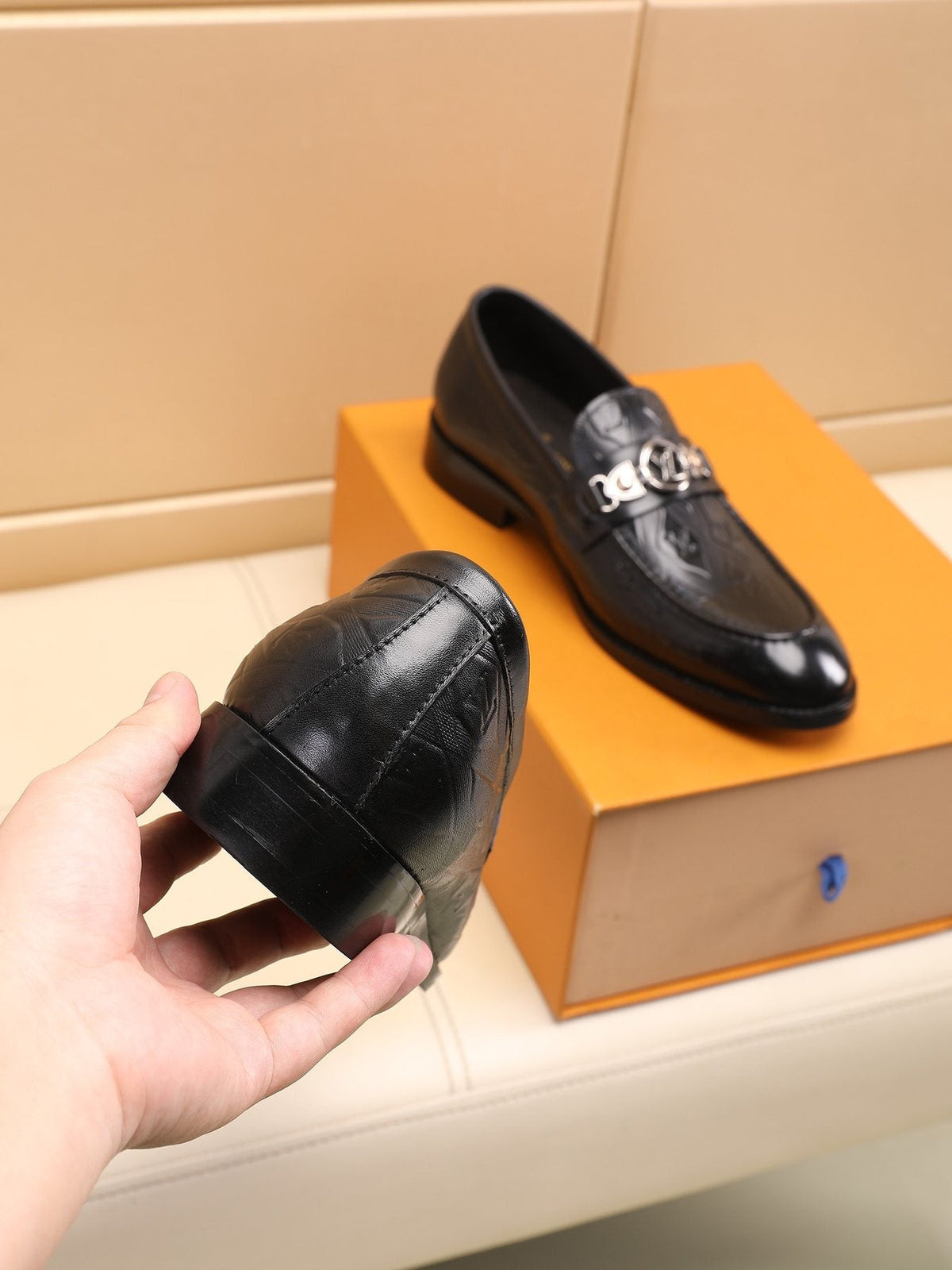 Louis Vuitton Black Embossed Loafers — detail