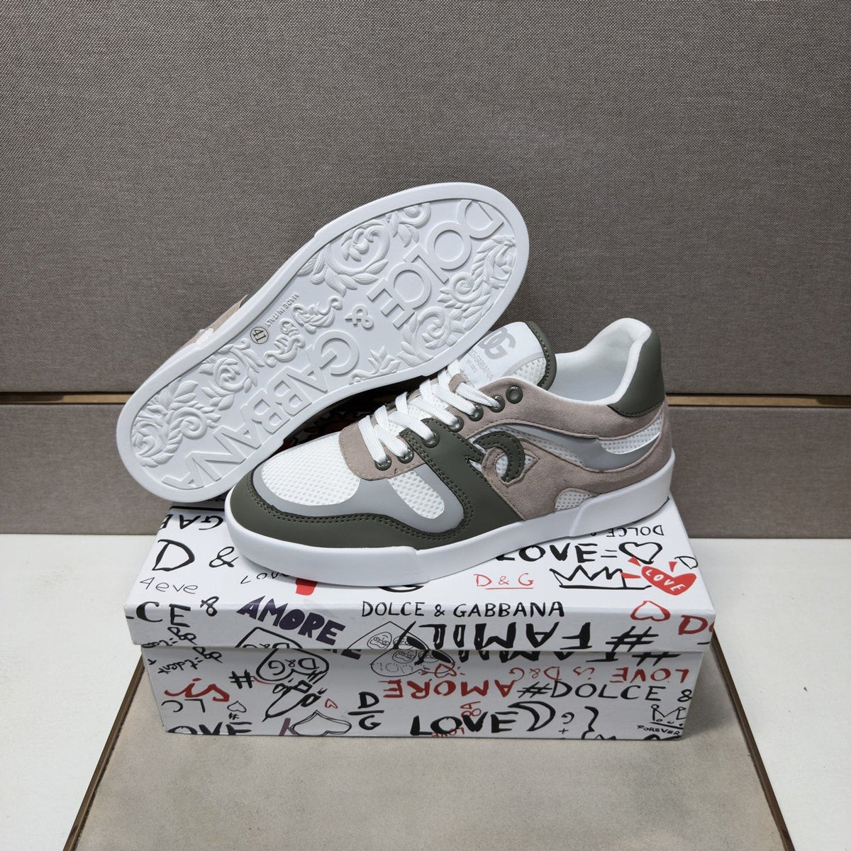 Dolce & Gabbana White, Olive & Taupe Sneakers — side