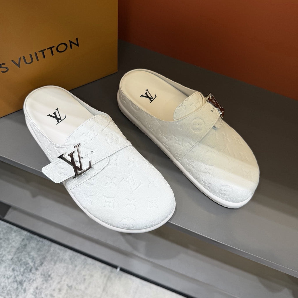 Louis Vuitton White Embossed Slide Sandals — front