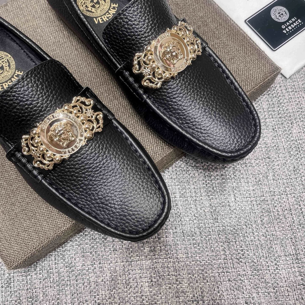 Versace Black Pebbled Leather Loafers — side
