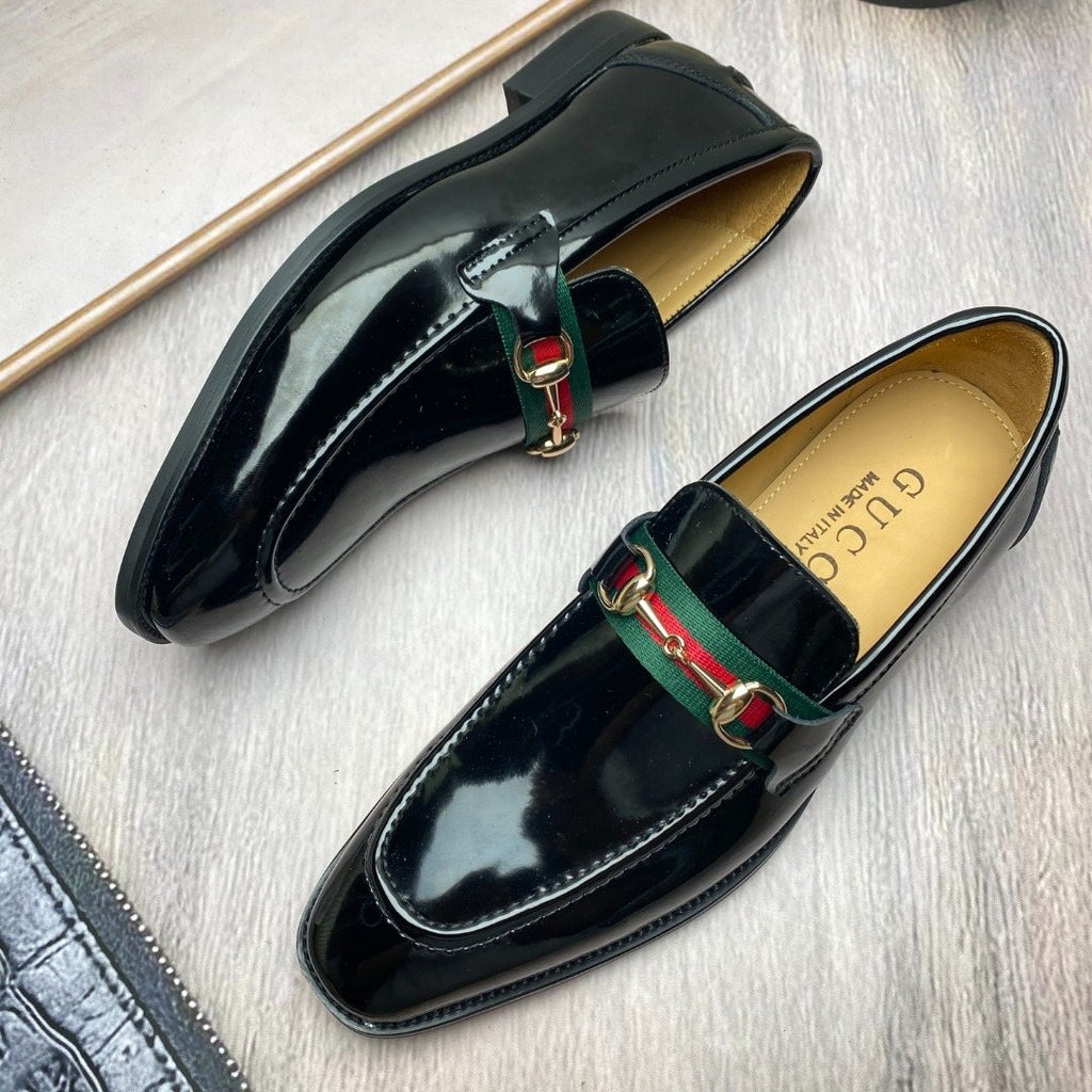 Gucci Black Patent Web Stripe Loafers — front