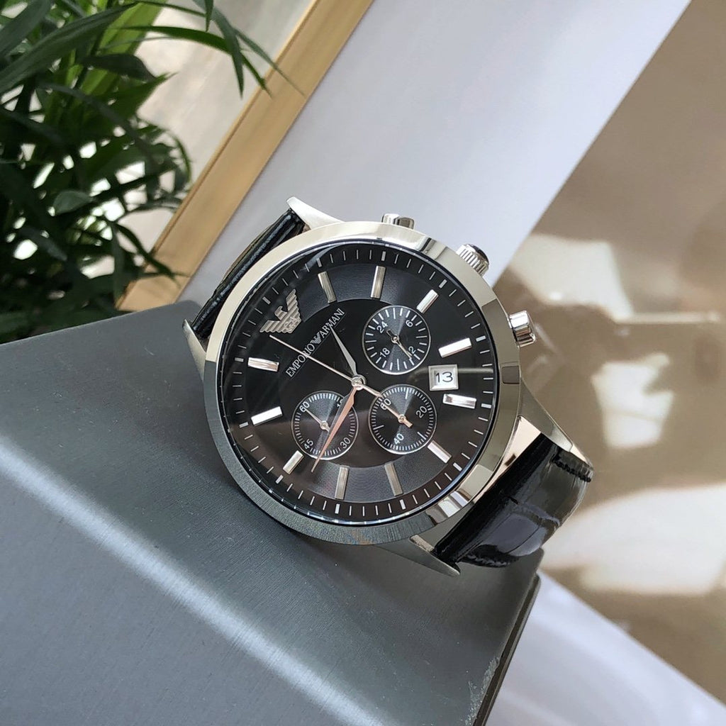EMPORIO ARMANI Black Dial Leather Strap Watch — front