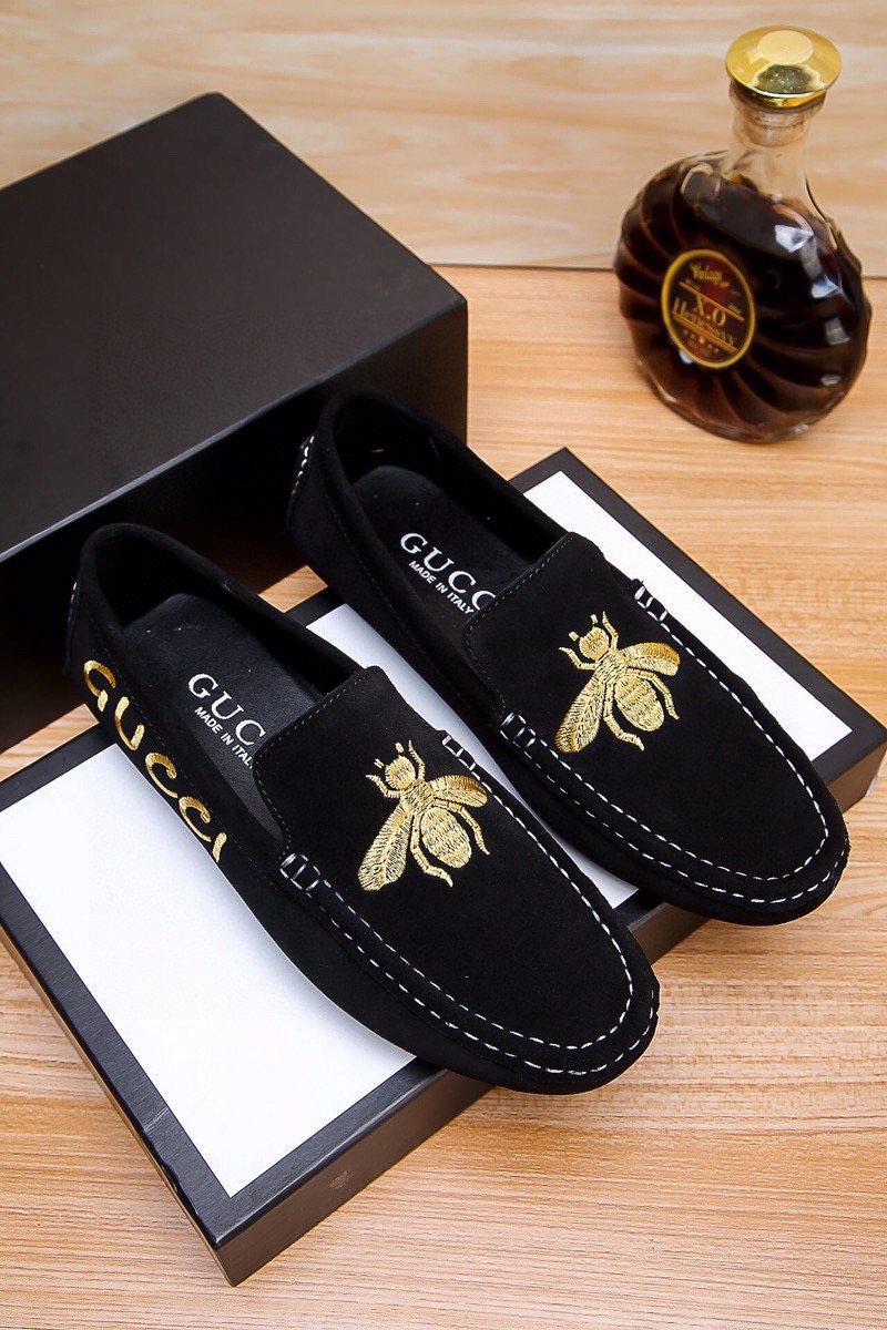 Gucci Black Loafers with Gold Bee Motifs — front