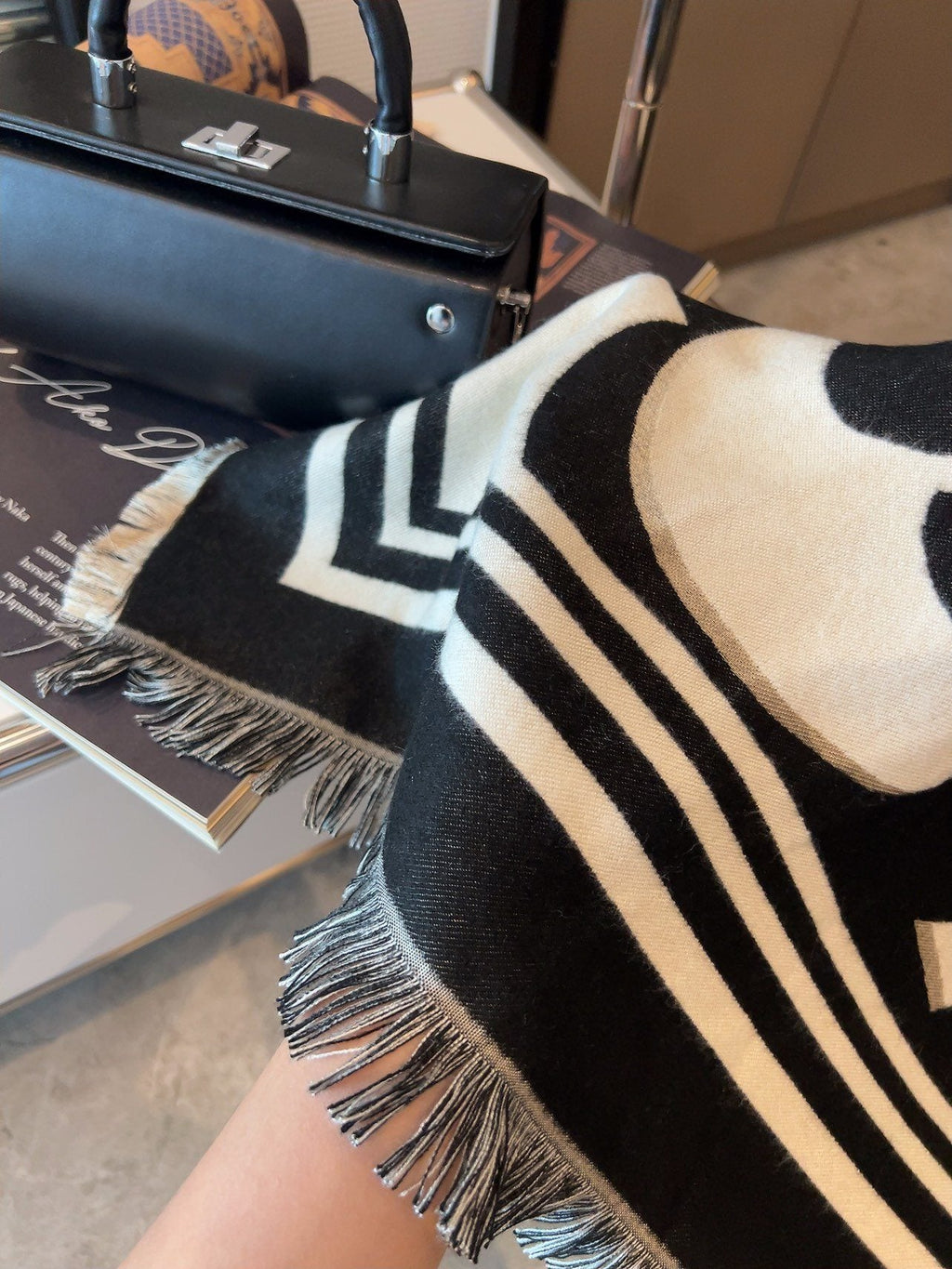Chanel Black & Ivory Floral Scarf — detail