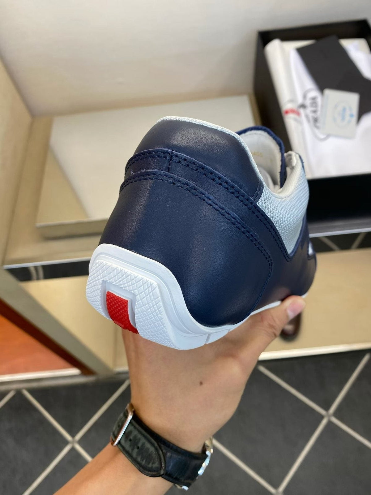 Prada Navy Blue Panel Low-Top Sneakers — back
