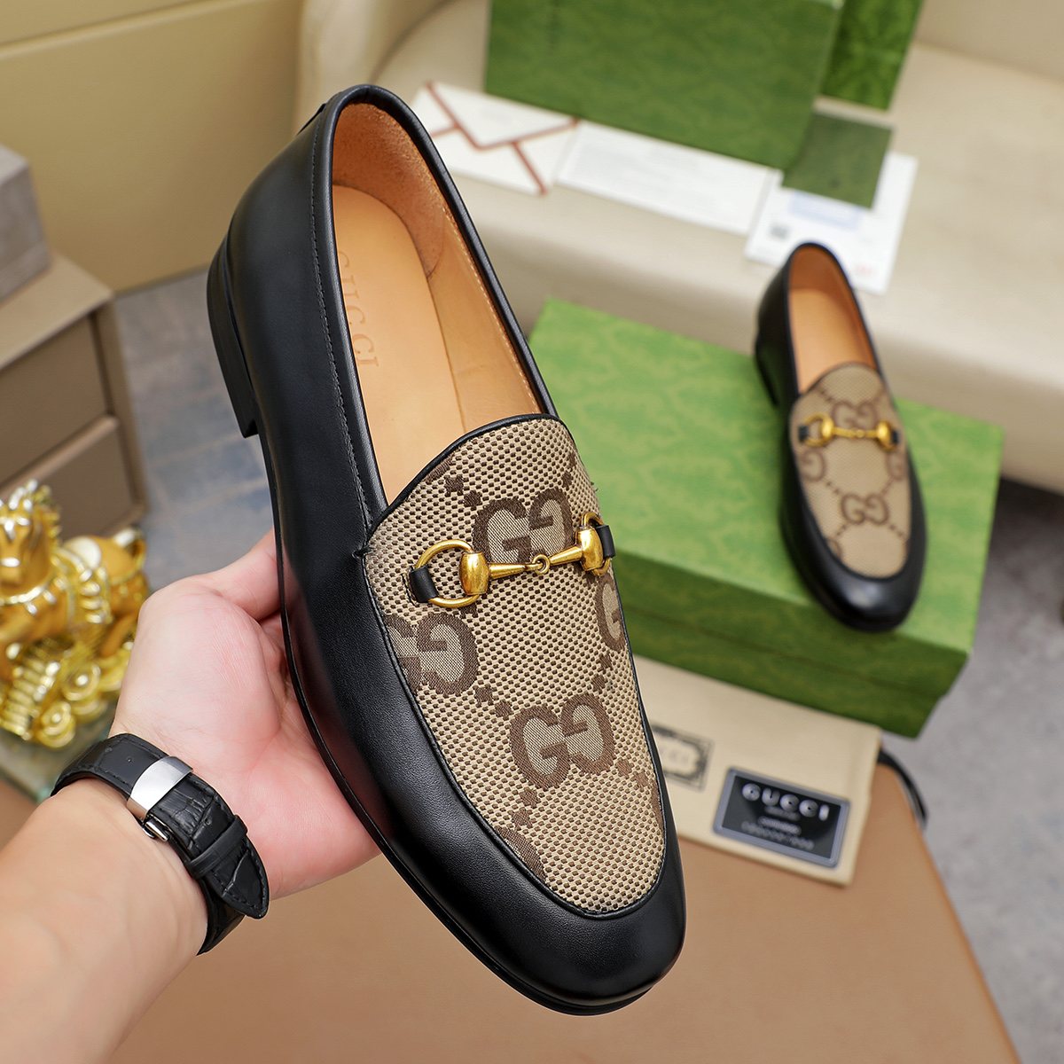 Gucci Patterned Horsebit Loafers — model
