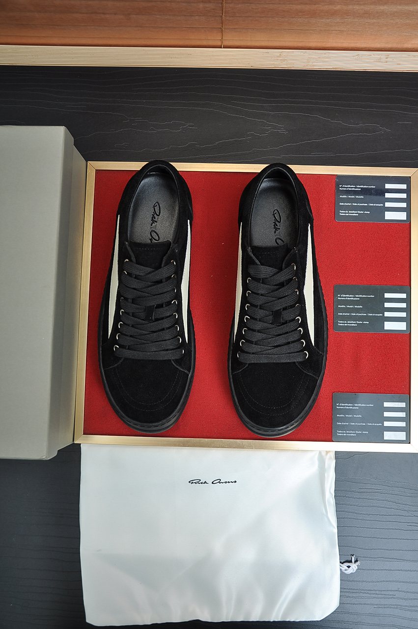 Rick Owens Black Low-Top Sneakers with White Side Panels — front