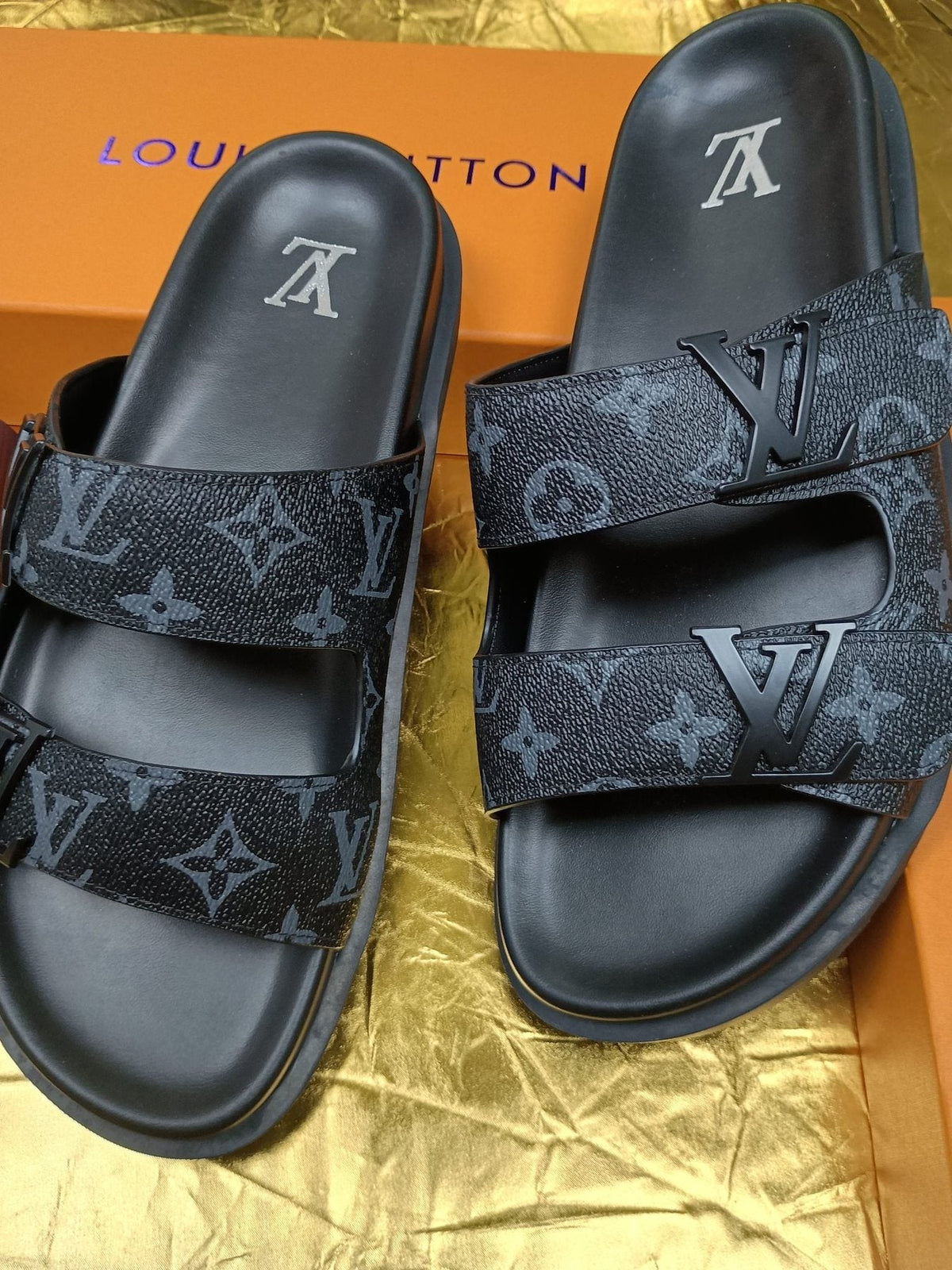 Louis Vuitton Dark Gray Monogram Slide Sandals — front