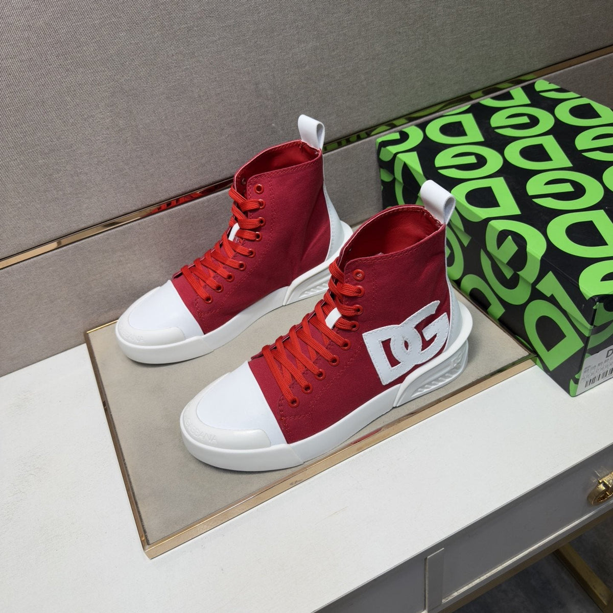 Dolce & Gabbana Red and White High-Top Sneakers — front