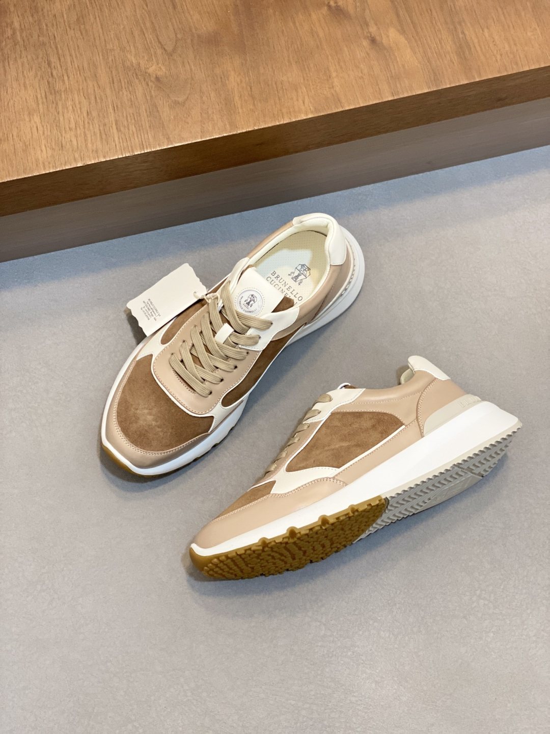 Brunello Cucinelli Tan and Brown Low-Top Sneakers — front