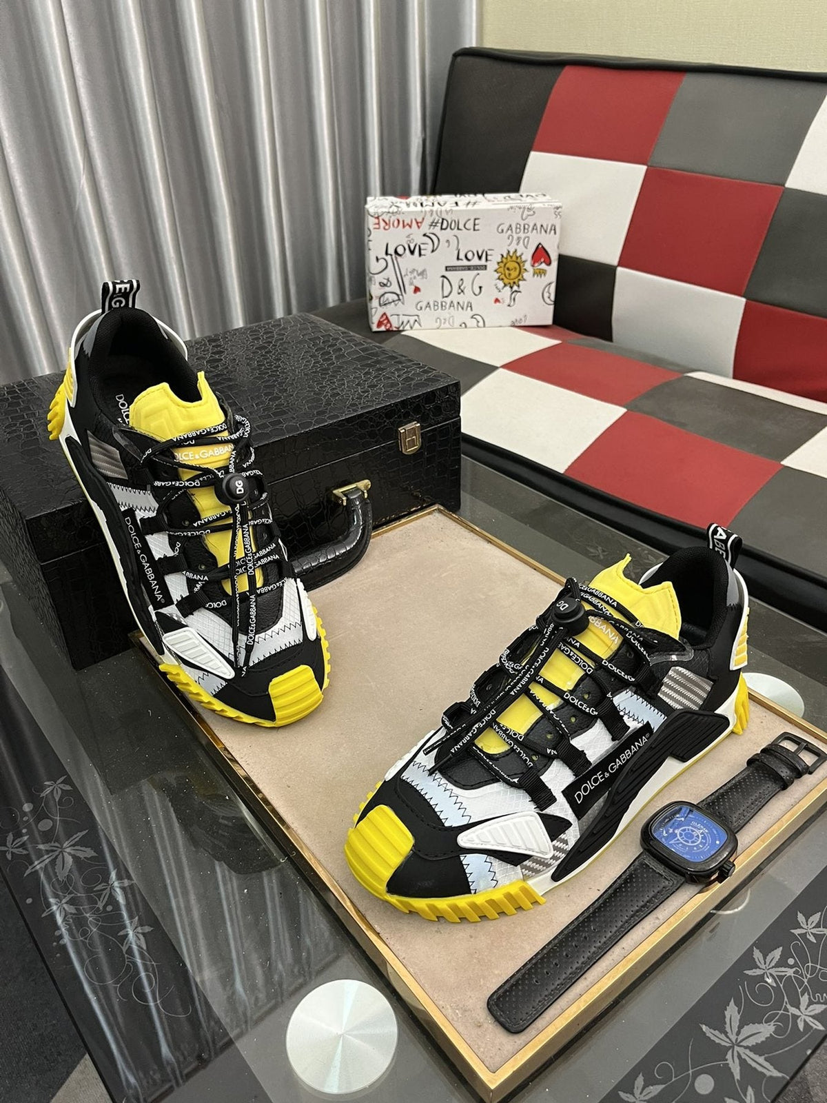 Dolce & Gabbana Black, White & Yellow Sneakers — front