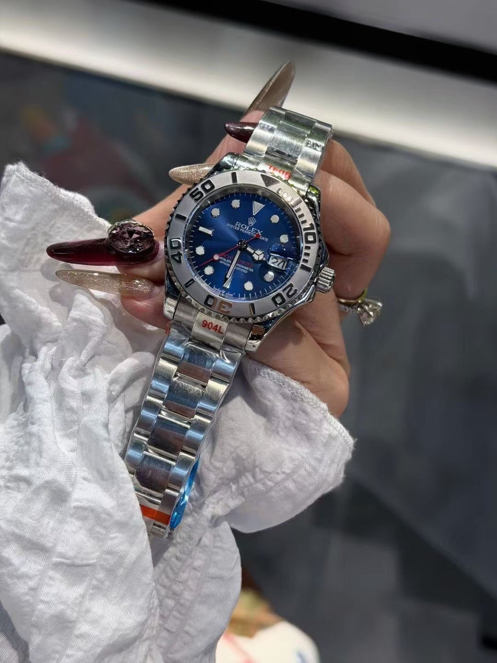 Rolex Blue Dial Metal Bracelet Watch — front