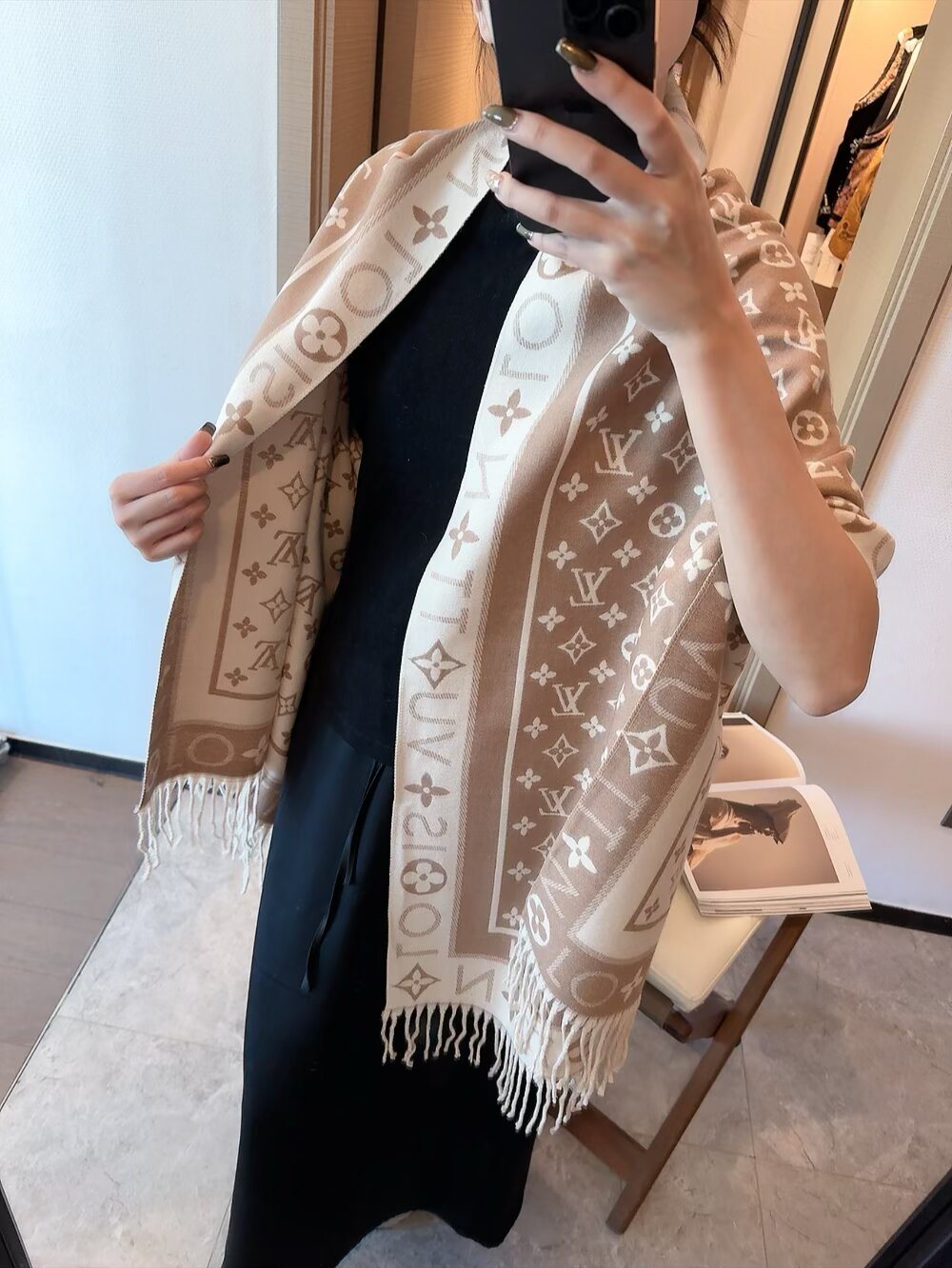 Louis Vuitton Monogram Fringe Scarf — model