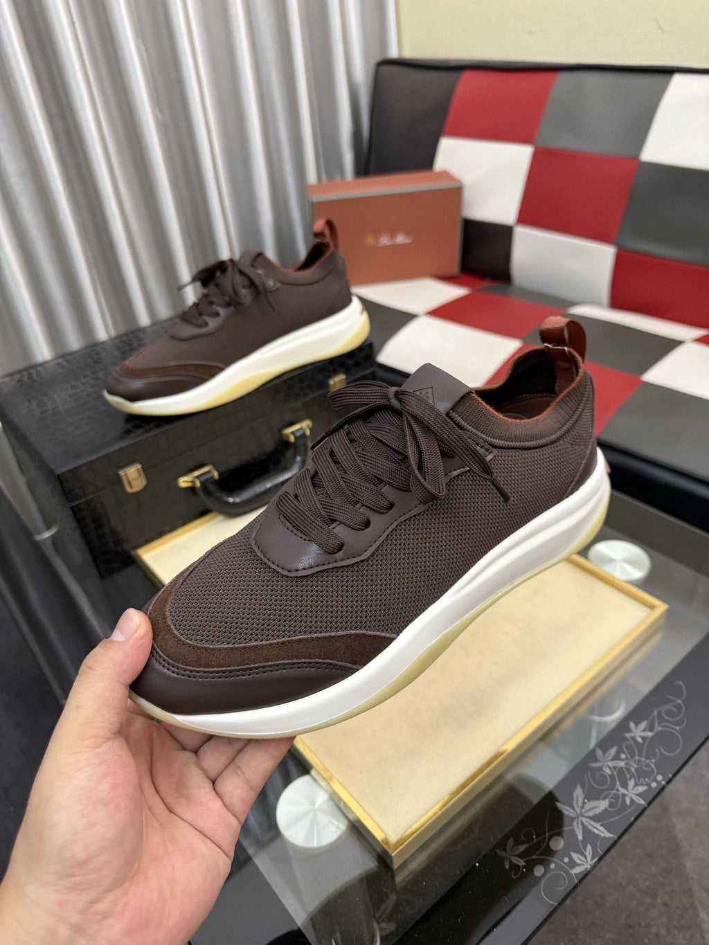 Dark Brown Layered Lace-Up Sneakers — model