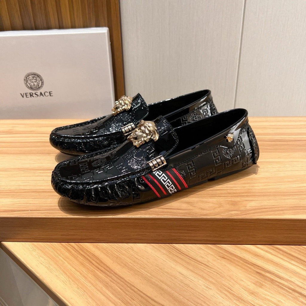 Versace Black Patterned Loafers with Gold-Tone Ornament — front