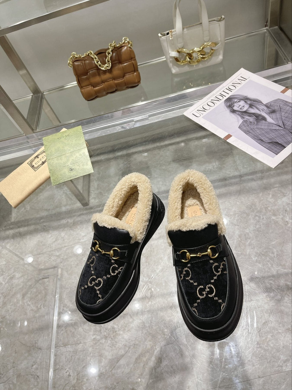 Gucci Patterned Plush-Lined Slip-On Shoes — front