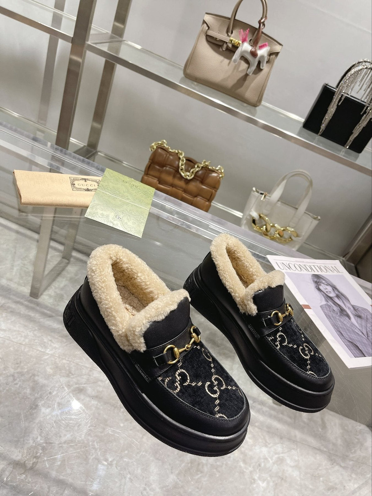 Gucci Patterned Plush-Lined Slip-On Shoes — front