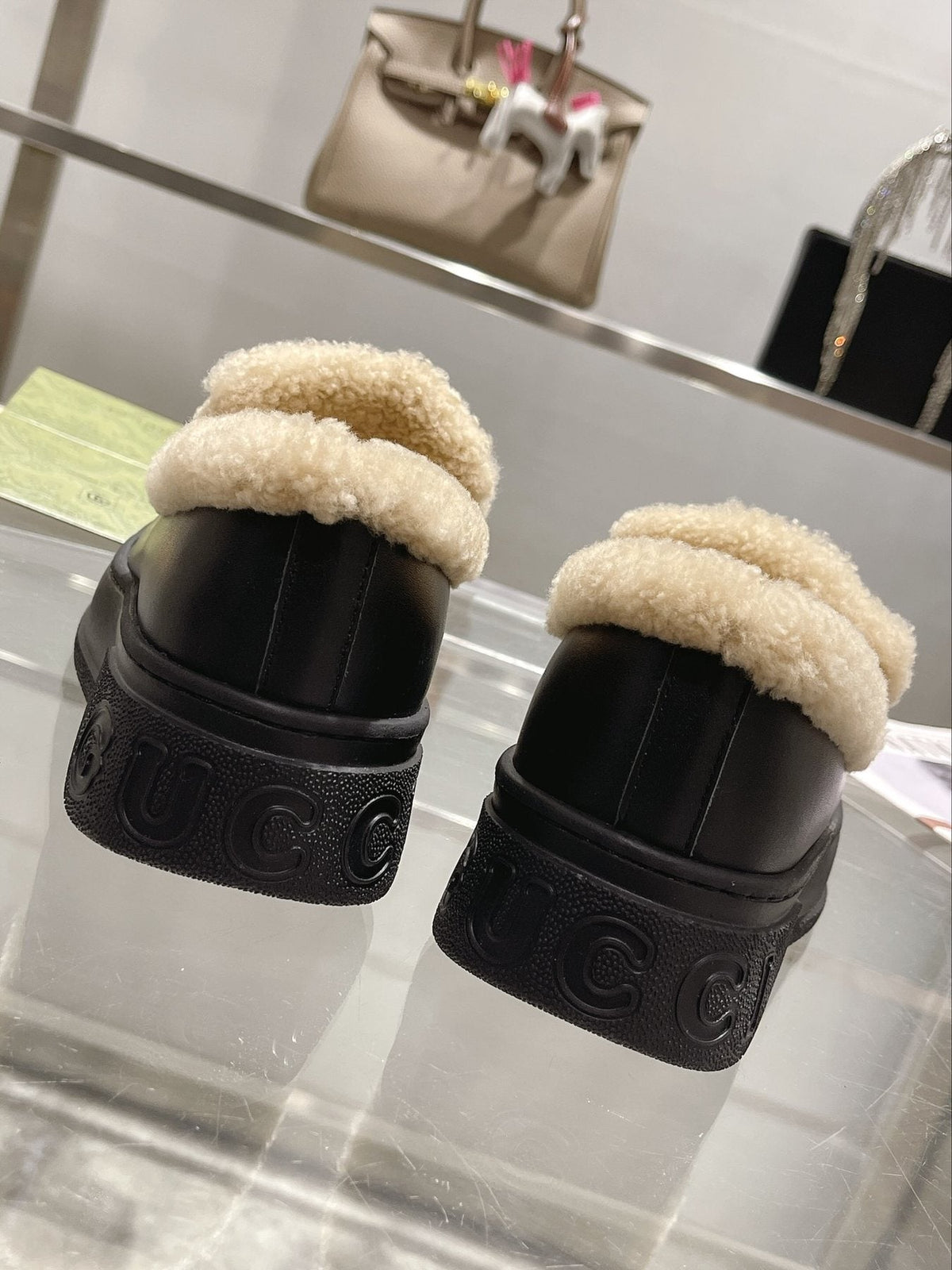 Gucci Patterned Plush-Lined Slip-On Shoes — back