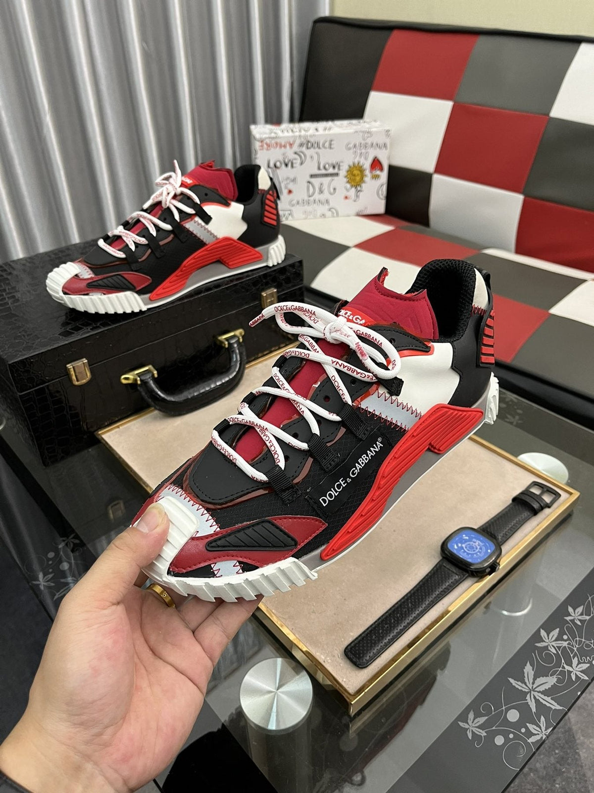 Dolce & Gabbana Men's Black and Red Chunky Sneakers — model