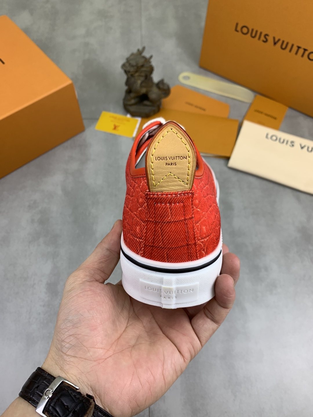 Louis Vuitton Coral Red Textured Low-Top Sneakers — back
