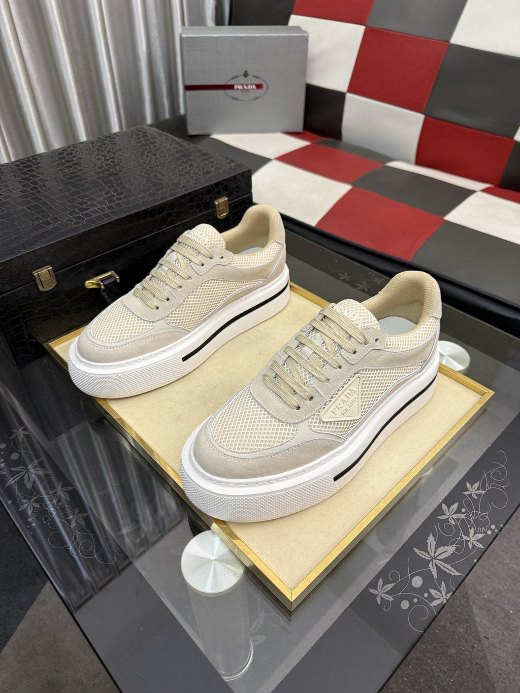 Prada White and Light Gray Low-Top Sneakers — front