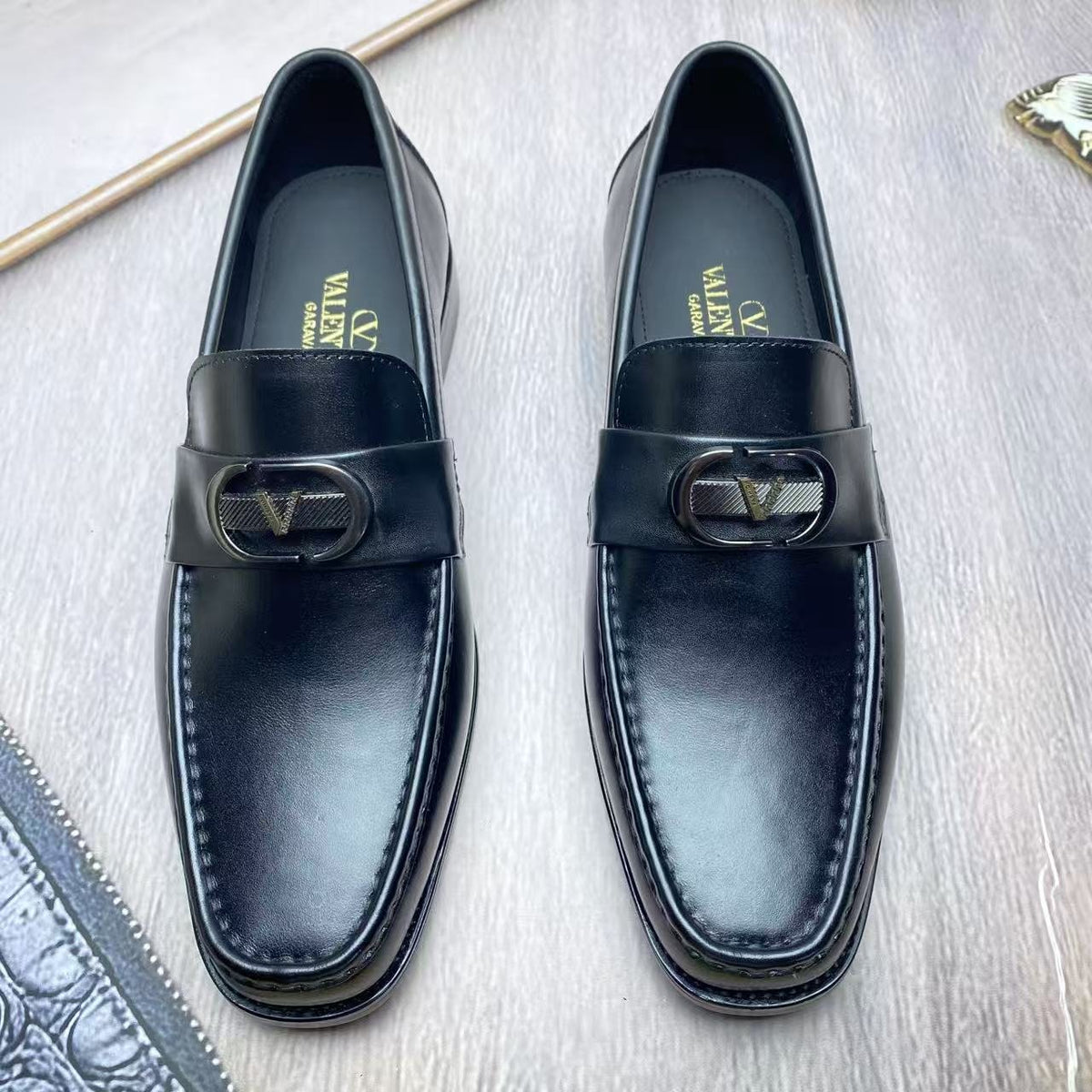 Valentino Square-Toe Loafers with Metal Detail — front
