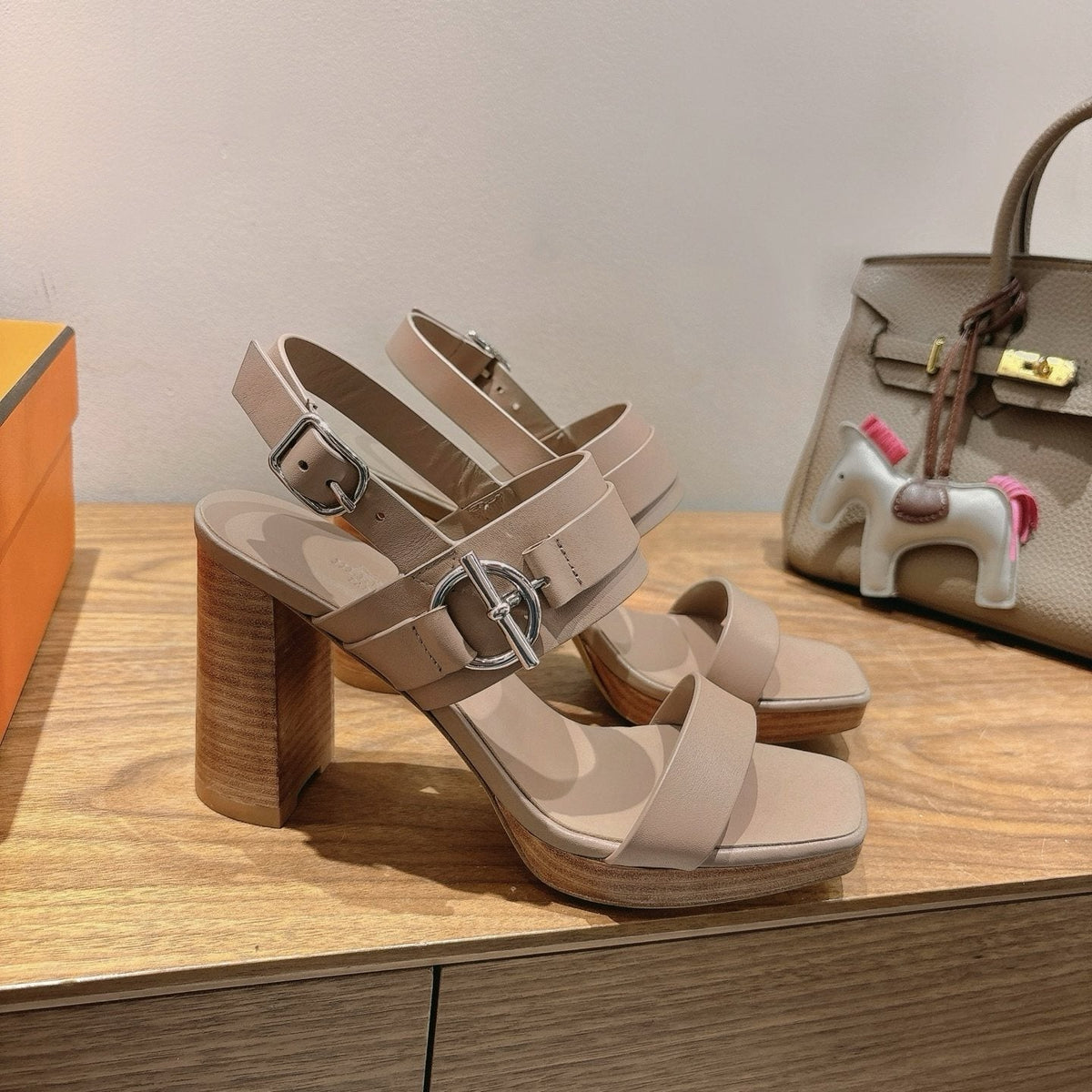 Hermès Square-Toe Block-Heel Sandals — side