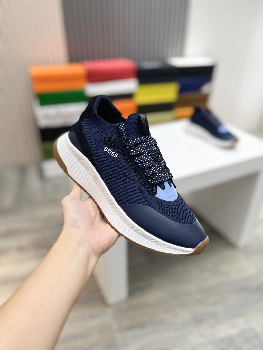 BOSS Men's Knit-Upper Ribbed-Sole Sneakers — model