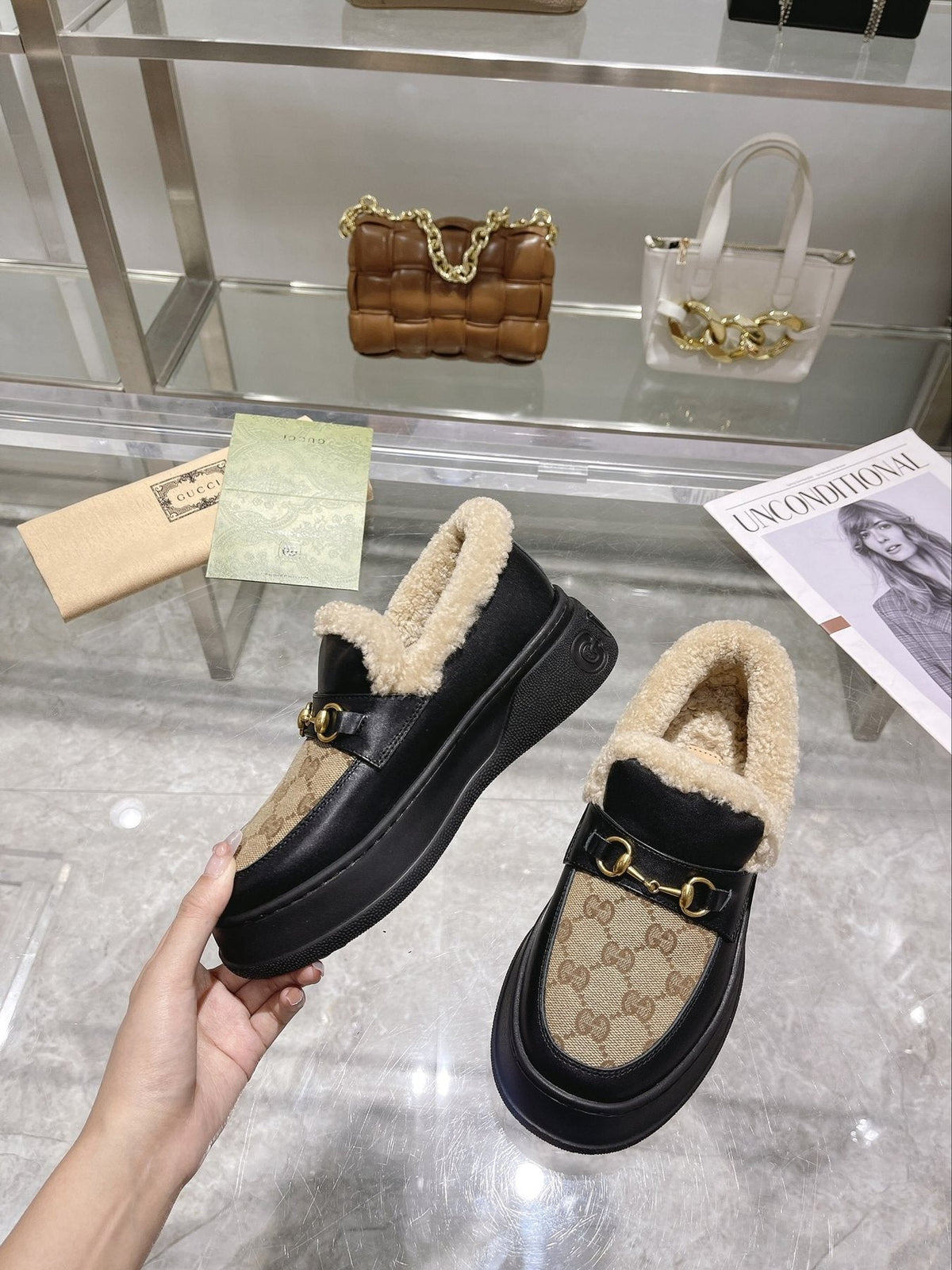 Gucci Patterned Plush-Lined Platform Slip-On Shoes — model