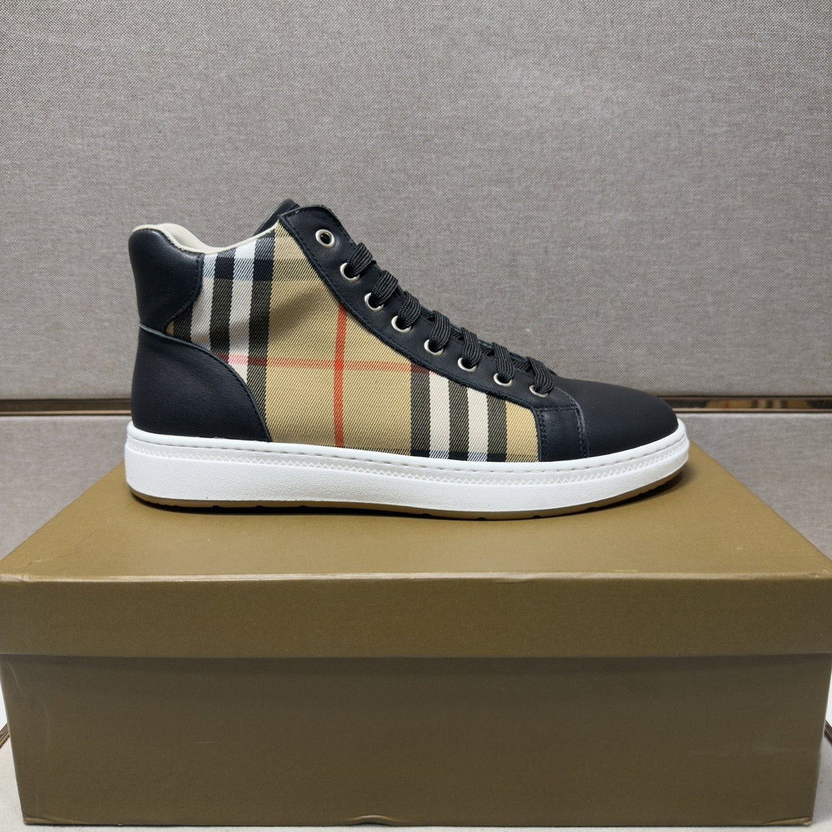 Burberry Men's Plaid-Panel High-Top Sneakers — side