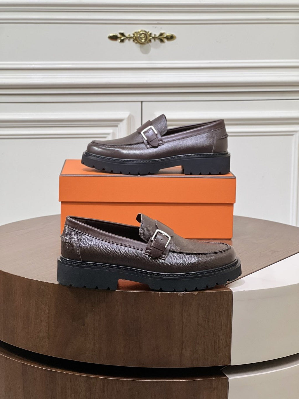 Hermès Men's Metal-Bar Lug Sole Loafers — front